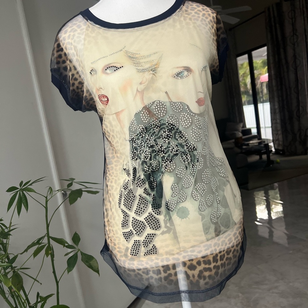 Cream & Navy Double ‑ Layer Art Mesh Top by DICE